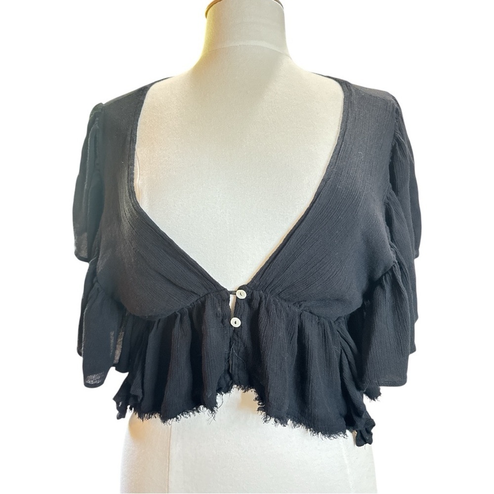 Free People Black Flutter Sleeve Crop Blouse - Picture 2 of 8